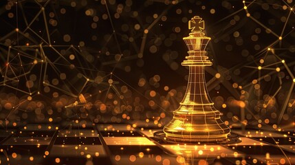 A shining king chess piece stands illuminated on a digital chessboard with a network of glowing connections