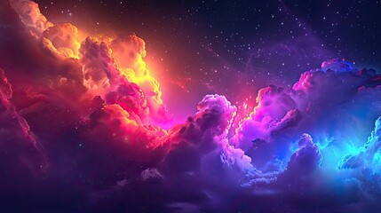 A vibrant digital artwork displaying a cosmic cloudscape with a dazzling array of colors