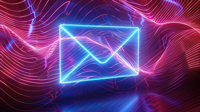 A luminous neon envelope icon surrounded by dynamic light trails - Powered by Adobe