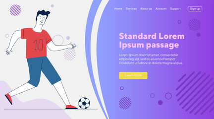 Young man playing football. Cartoon character kicking soccer ball flat vector illustration. Summer activity, competition, hobby concept for banner, website design or landing web page