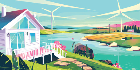 Summer Countryside: Cartoon Vector Illustration of Rural Landscape with Wind Turbines