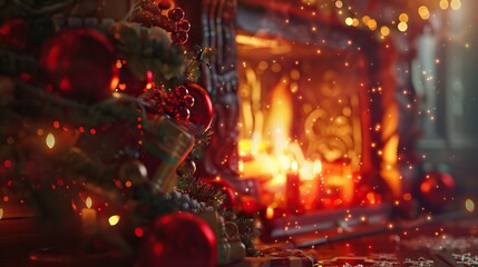 Fototapeta premium A cozy festive scene with Christmas decorations and a warm fireplace