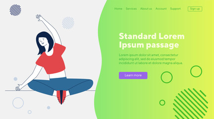 Young woman doing yoga. Female character sitting in lotus pose flat vector illustration. Body training, practice, lifestyle concept for banner, website design or landing web page