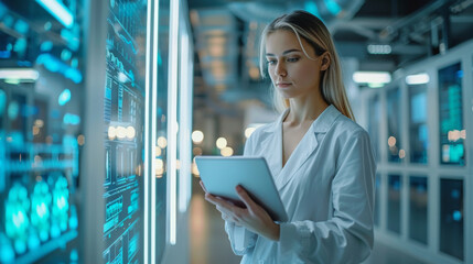 A young professional woman reviews data on a tablet within the illuminated aisles of a high-tech data center. - Powered by Adobe