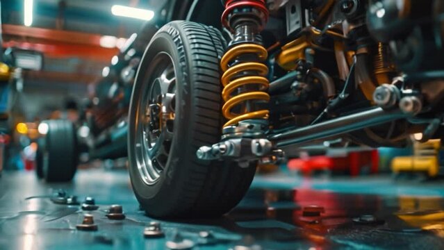 A car repair shop or wheel installation service center, adjust the car's underbody sensors and set its wheel balance before repairing wheels and suspension.