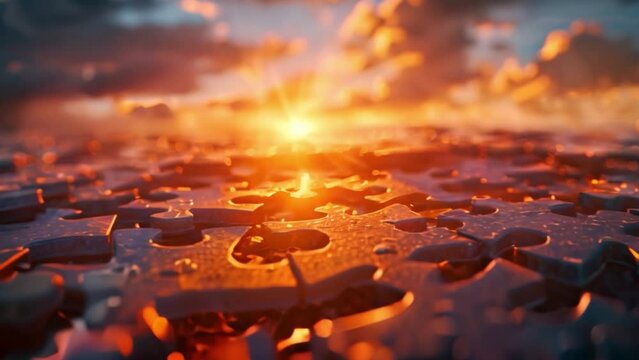 A jigsaw puzzle comes together under a bright and sunny sky Teamwork and innovation are needed to achieve success