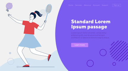 Young woman playing badminton. Cartoon character holding racket and throwing shuttlecock flat vector illustration. Sport, activity, lifestyle concept for banner, website design or landing web page