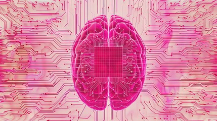 A digital illustration of a human brain integrated with circuit board patterns in neon pink tones