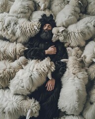 A man is sleeping in a field of sheep. He has a long beard and is wearing a black cloak. The sheep are all around him, and they seem to be content. The man is at peace.