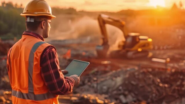 A civil engineer stands at a construction site, tablet in hand, overseeing the progress of a real estate project. A heavy building machine excavator operates tirelessly