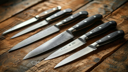 Close-up photo of various professional chef's knives laid out on a rustic wooden background.