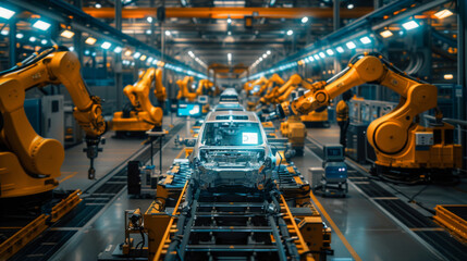 High-tech automotive assembly line with robotic arms and vehicle chassis.