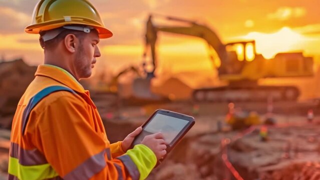 A civil engineer stands at a construction site, tablet in hand, overseeing the progress of a real estate project. A heavy building machine excavator operates tirelessly