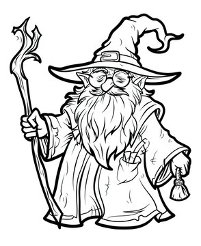 recommend clip art: Black and white line art of a wizard holding a staff.