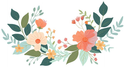 A minimalist clip art of a floral wreath, with simple leaves and abstract blooms.