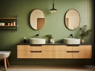Ensuite green bathroom with wall-mounted wooden vanity, black sink and pill-shaped mirrors. Modern and luxurious decoration.