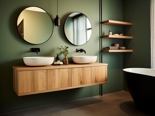 Ensuite green bathroom with wall-mounted wooden vanity, black sink and pill-shaped mirrors. Modern and luxurious decoration.