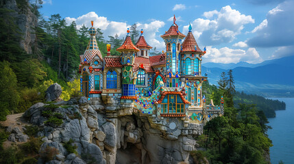Castle with mosaic pattern facade made of colorful glass and ceramic located on a mountain cliff.
