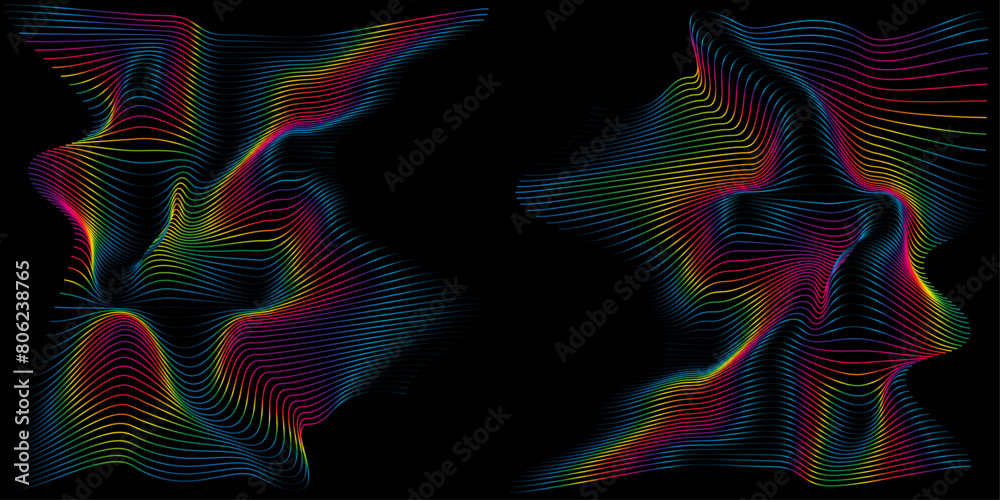 Aufkleber Black abstract background with luminous rainbow wave lines, smooth curve flowing with dynamic vibrant colors gradient light. Vector illustration in concept of digital technologies, science. 