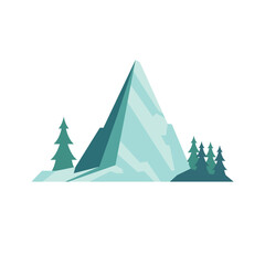 Snow ice mountain, high iceberg landscape with trees, mountains icon flat design vector illustration, isolated on white
