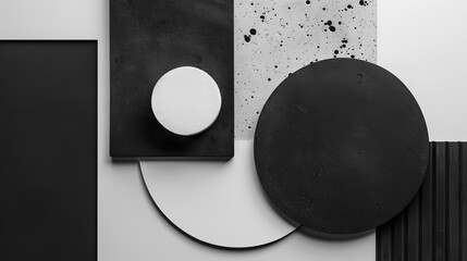 minimalist geometric shapes in contrasting tones displayed on a black and white wall, with a round black plate in the foreground