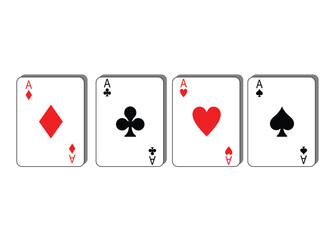 Vector playing cards. Playing cards on an isolated white background. Four aces, red, black cards. Gambling. Poker.