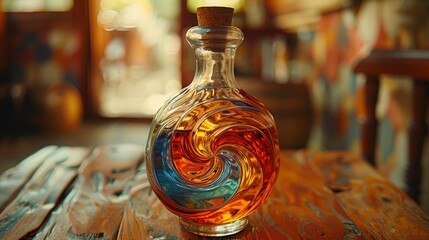 A vintage love potion bottle filled with swirling colors, symbolizing the intoxicating power of love.