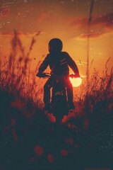 Silhouette of a motorcyclist at sunset in the field. Generative AI.