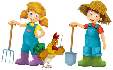 cartoon scene with farmer girl standing with pitchfork and farm animal isolated background illustation for children