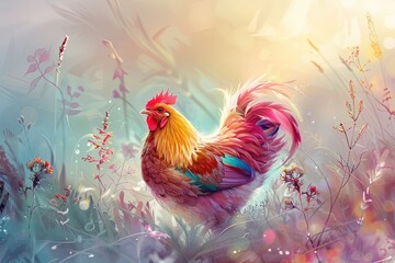 A vibrant digital artwork featuring a colorful chicken in a mystical, light-infused floral setting