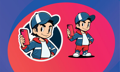 premium vector of Cartoon character, mascot logo, boy with cell phone in hand.