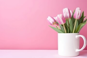 Fresh pink tulips arranged in a white mug, presenting a spring vibe on a pink surface. Pink Tulips in White Mug on Pink Surface
