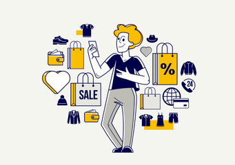 Online shopping and discount vector outline illustration, virtual store worker managing goods or customer have a big choice and enjoying cheap prices, adviser consultant.