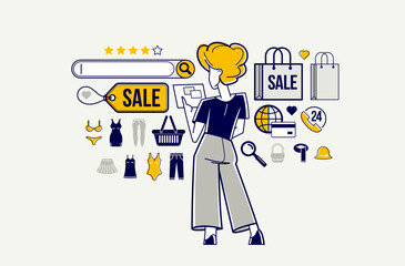 Online shopping and discount vector outline illustration, virtual store worker managing goods or customer have a big choice and enjoying cheap prices, adviser consultant.