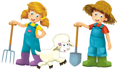 cartoon scene with farmer girl and boy standing with pitchfork and farm animal sheep isolated background illustation for children