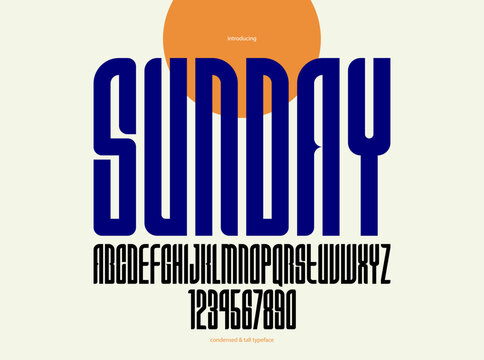 Condensed simple sans serif elegant display font for logos headers or slogans, vector tall and beautiful geometric typeface, uppercase letters alphabet with numbers, poster and advertising.