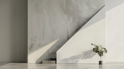 minimalist composition with intersecting geometric forms featuring a potted plant on a wood floor, casting a dark shadow against a white wall