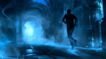 Mysterious figure runs through shadowy streets in a thrilling chase scene. Concept Thrilling Chase Scene, Mystery, Shadowy Streets, Suspenseful Storyline