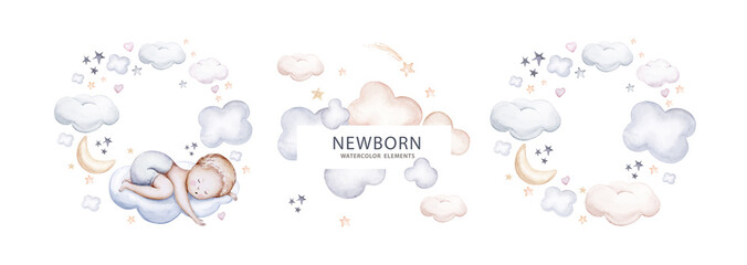 Watercolor newborn Baby Shower greeting card with babies boy. Birthday set of new born baby and pregrand women invitation.