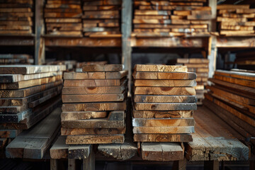 Stacked Timber Planks at a Lumber Mill Warehouse
