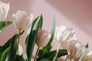 White Tulips in Bloom Against Soft Pink Background
