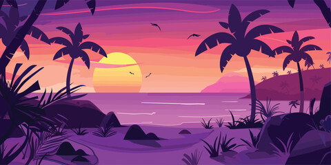 Obraz premium Tropical Twilight: Cartoon Vector Illustration of Sunset Beach Scenery