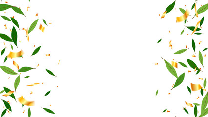 Summer time creative banner frame with green leaves foliage and gold confetti