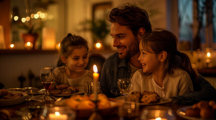 A cozy family dinner scene with a father and two daughters enjoying a meal by candlelight, radiating warmth and happiness.