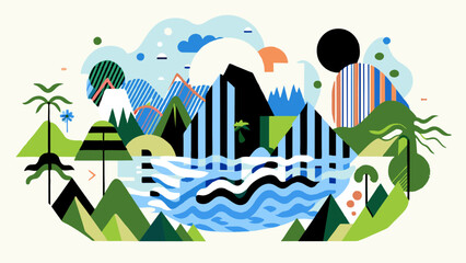 Obraz premium Vibrant Abstract Landscape with Mountains, Lakes, and Trees
