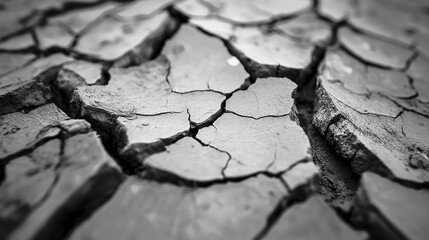 Fototapeta premium Parched, cracked earth showing deep crevices and a textured surface, highlighting environmental issues such as drought.