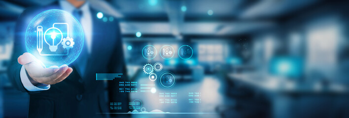 Hand holding global network connection on a backdrop of innovation, collaboration, and advancement,...