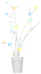 Spring composition from white branches decorated with paper birds and green leaves isolated on white. Easter mood