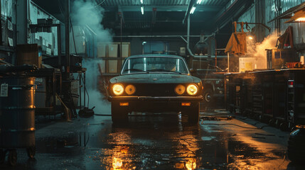 A classic vintage car illuminated under the soft lights of a moody, industrial garage filled with steam and reflections.