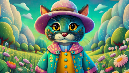 oil painting style CARTOON CHARACTER Cat Portrait of a farmer in the field
